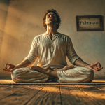 Position lotus yoga sur tapis en jute