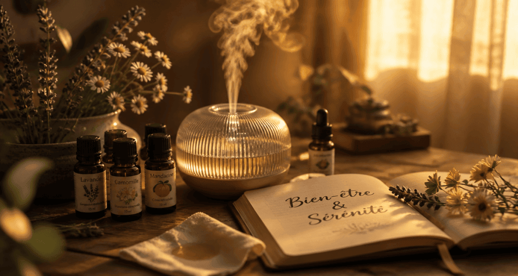 quelle huile essentielle pour le stress et l'anxiété, flacons et diffuseur sur table