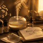 quelle huile essentielle pour le stress et l'anxiété, flacons et diffuseur sur table