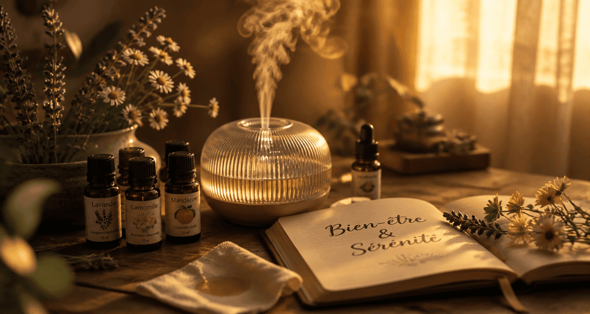 quelle huile essentielle pour le stress et l'anxiété, flacons et diffuseur sur table