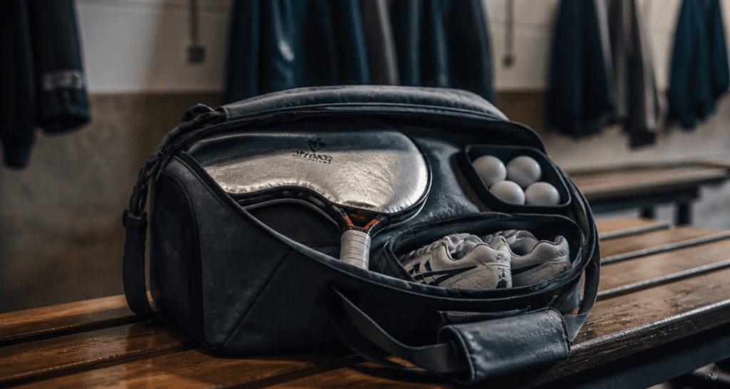Sac tennis de table ouvert avec raquette et balles