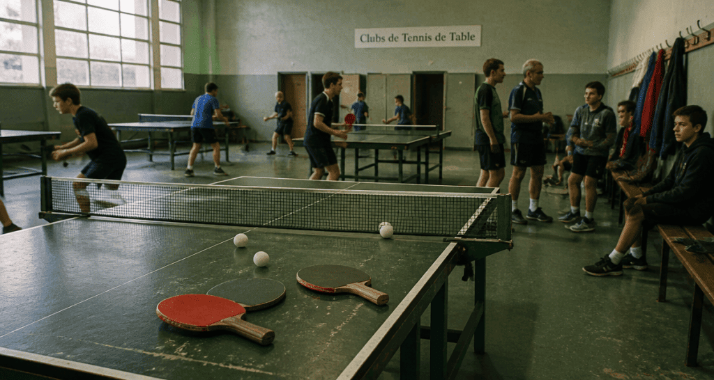 Salle de tennis de table autour de moi, joueurs et ambiance club