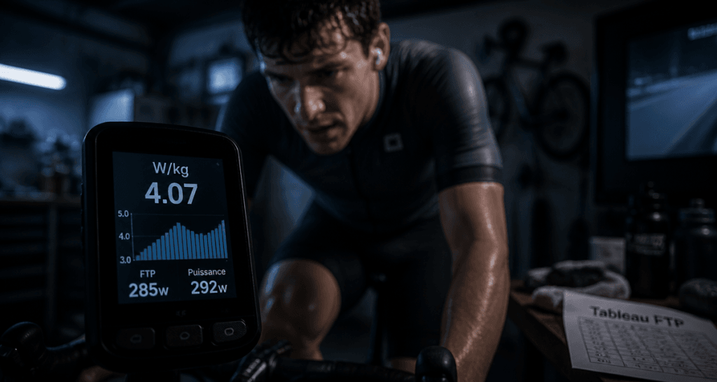 cycliste testant tableau ftp sur home trainer