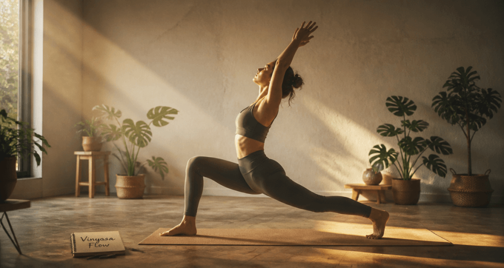 Femme pratiquant le vinyasa dans un studio lumineux