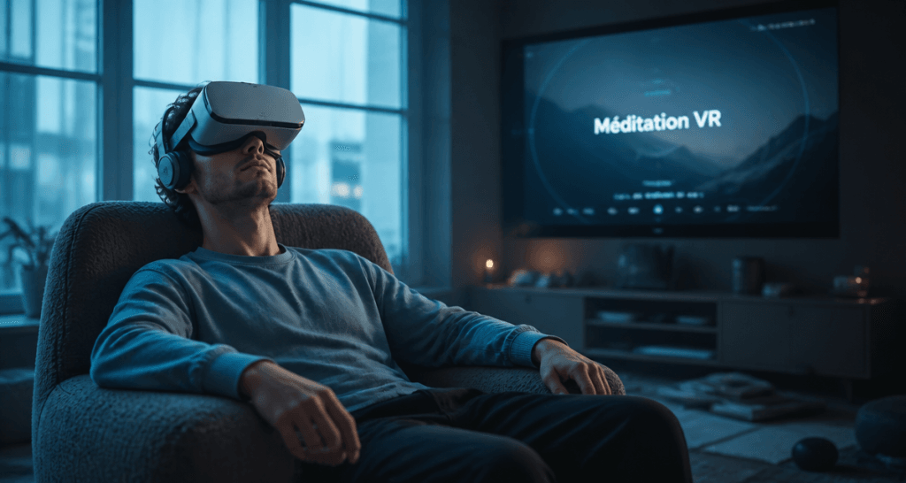 vr meditation personne détendue casque salon