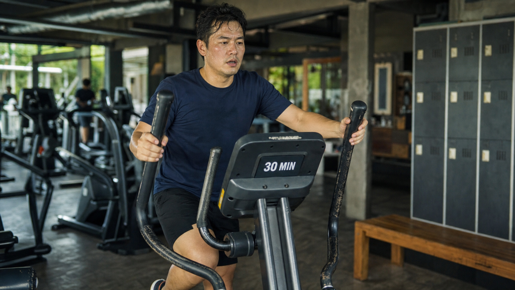30 minutes de velo elliptique par jour : 450 calories brûlées, salle de sport