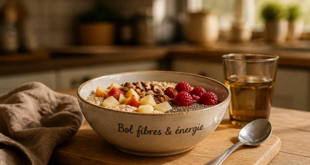 Bol aliments contenants des fibres : flocons d’avoine, chia, pomme, framboises