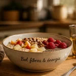 Bol aliments contenants des fibres : flocons d’avoine, chia, pomme, framboises