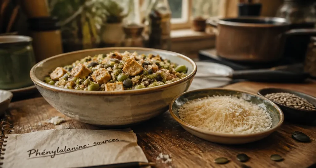 Aliments riches en phenylalanine : sources alimentaires (quinoa, tofu, graines, parmesan).