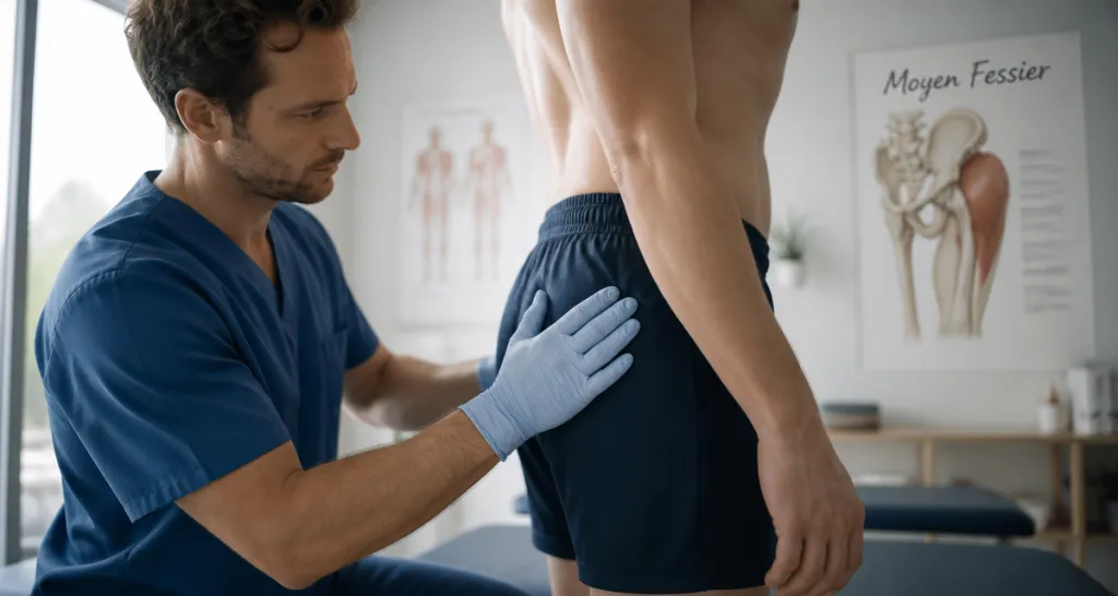 anatomie du moyen fessier examinée par un kinésithérapeute