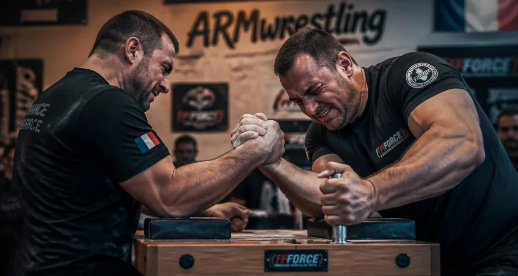 Bras de fer fr : deux athlètes en armwrestling sur table, mains et avant-bras