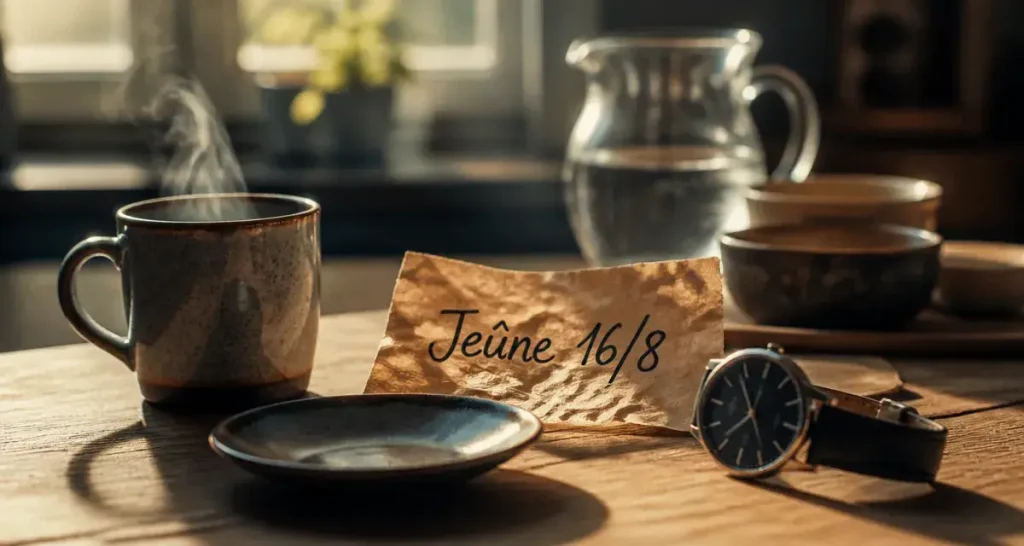 Comment faire le jeune intermittent 16/8 : mug fumant, montre et eau
