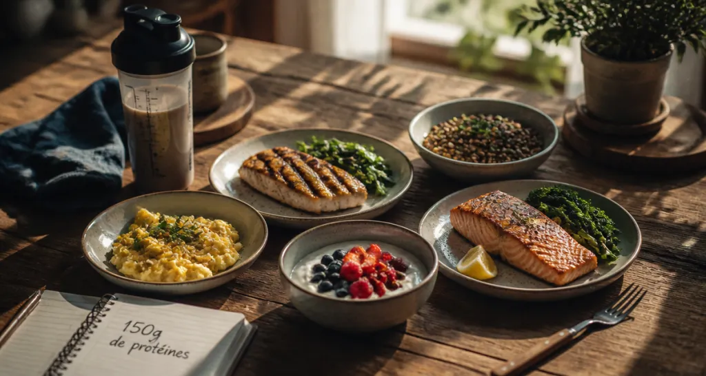 comment manger 150 g de protéine par jour assiette aliments variés