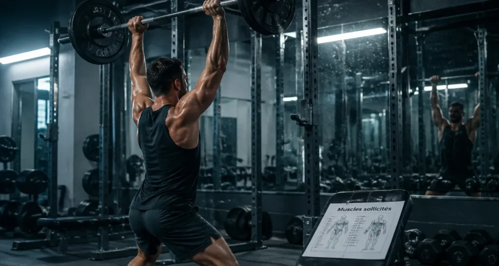 Developpe militaire muscles sollicites : athlète debout en salle, barre au-dessus de la tête
