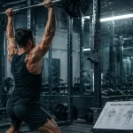 Developpe militaire muscles sollicites : athlète debout en salle, barre au-dessus de la tête
