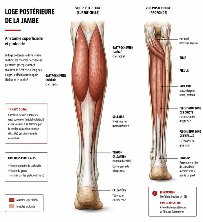 Schéma anatomique des muscles du mollet : triceps sural, gastrocnémiens et soléaire