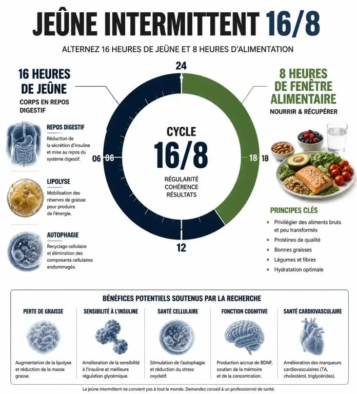 Infographie explicative du jeûne intermittent 16/8 pour comprendre comment faire le jeûne intermittent efficacement.
