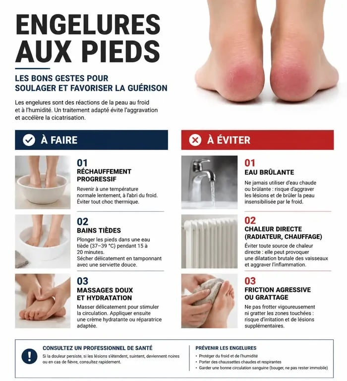 Infographie sur les remèdes de grand-mère contre les engelures aux pieds : bons gestes et erreurs à éviter.