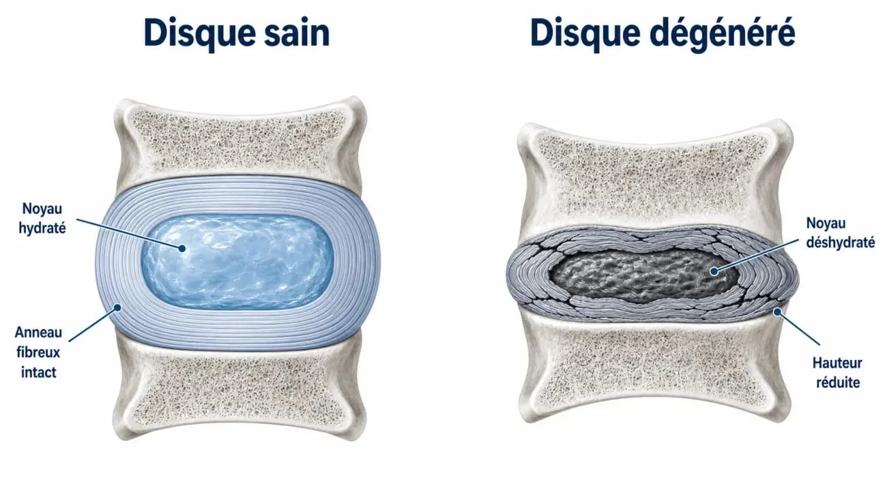 Schéma comparatif d'un disque intervertébral sain et d'un disque atteint de discopathie dégénérative lombaire