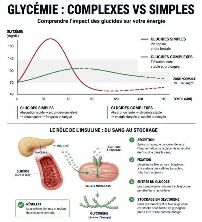 Infographie expliquant l'impact des glucides sur la glycémie et pourquoi les glucides ne font pas grossir systématiquement.