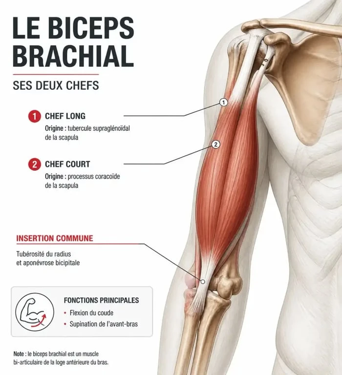 Schéma anatomique du biceps brachial pour l'exercice bicep avec haltère
