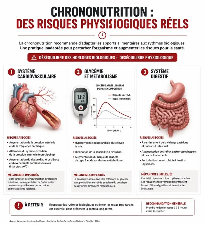 Infographie sur les dangers de la chrononutrition et les risques pour la santé