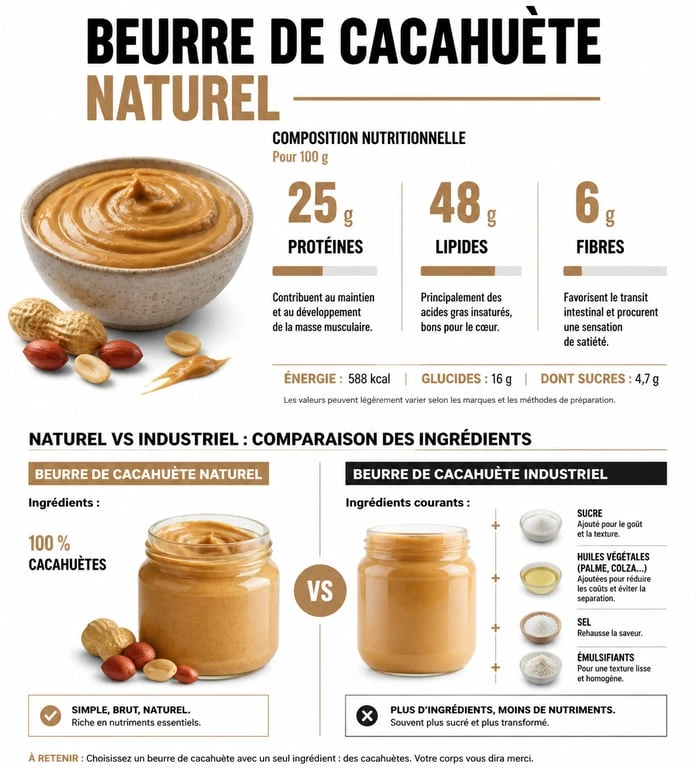 Infographie sur la composition nutritionnelle du beurre de cacahuète et son impact sur la prise de poids
