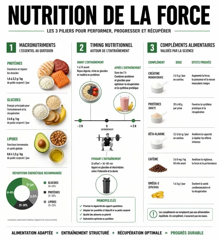 Infographie nutrition de la force : piliers, macronutriments et compléments alimentaires pour la musculation