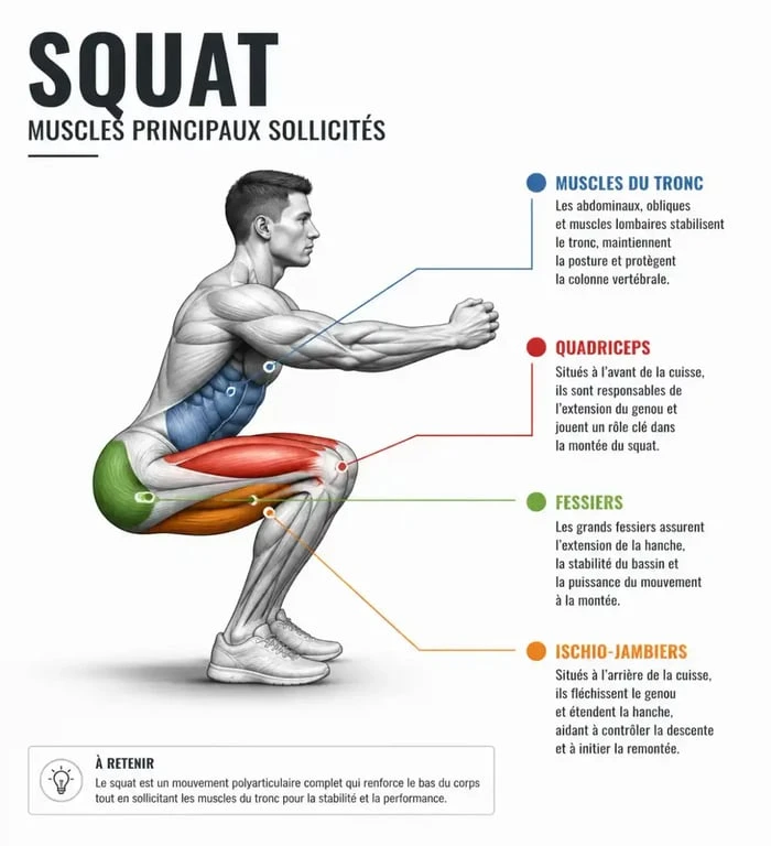 Schéma anatomique des muscles sollicités lors du squat