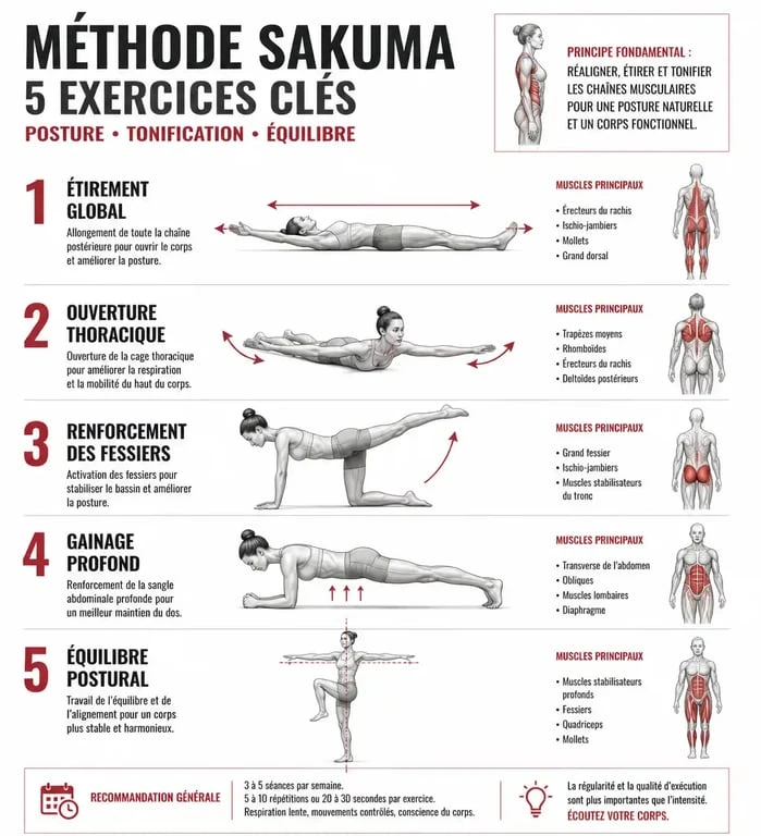 Infographie des 5 exercices de la méthode Sakuma pour améliorer la posture et tonifier le corps