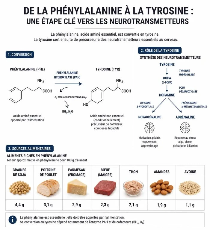 Infographie sur les aliments riches en phénylalanine et son rôle métabolique dans l'organisme