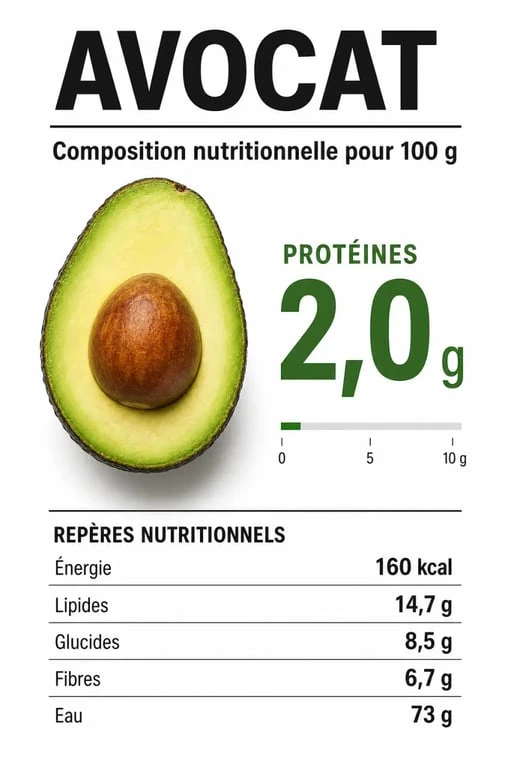Infographie nutritionnelle montrant la teneur en protéines dans un avocat pour 100g