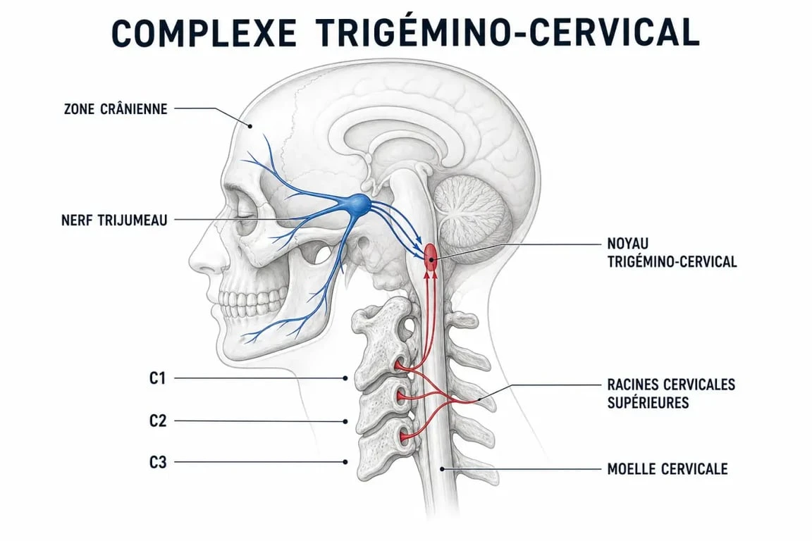 Schéma explicatif du lien anatomique entre les cervicales et les maux de tête