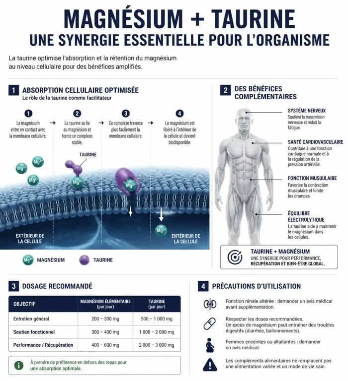 Infographie sur les effets secondaires et la synergie du magnésium et de la taurine pour une supplémentation sécurisée