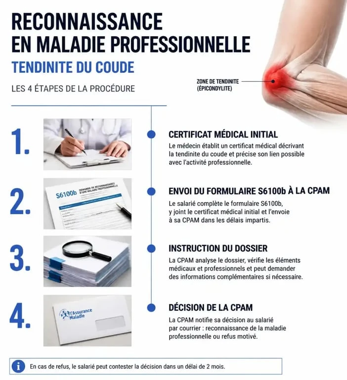 Infographie des étapes de la procédure de reconnaissance d'une tendinite du coude en maladie professionnelle auprès de la CPAM