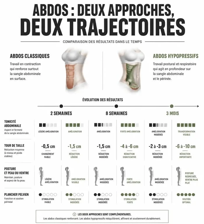 Infographie comparative des résultats des abdos hypopressifs dans le temps et différence avec les crunchs pour obtenir un ventre plat.