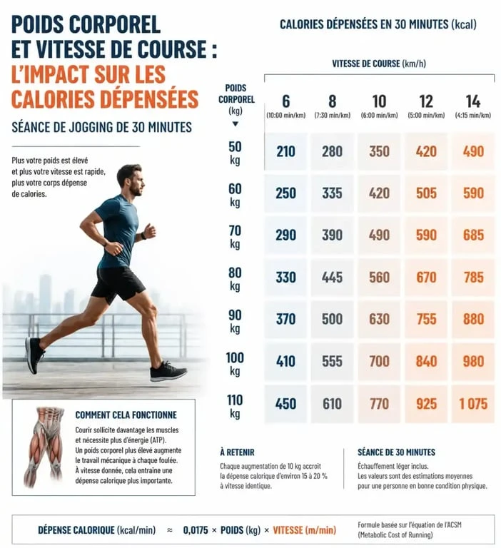 Infographie montrant l'impact du poids et de la vitesse sur les calories brûlées lors d'un jogging de 30 minutes