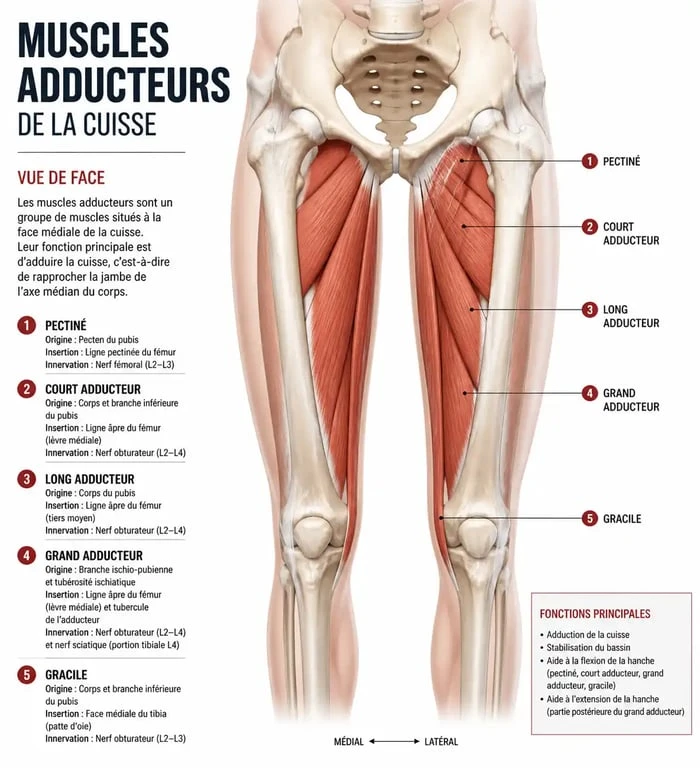 Schéma anatomique des muscles adducteurs de la cuisse pour comprendre le muscle entre les jambes