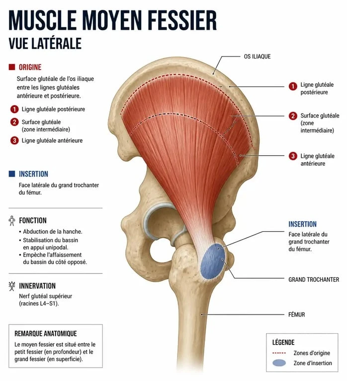 Schéma anatomique du muscle moyen fessier montrant ses origines et insertions