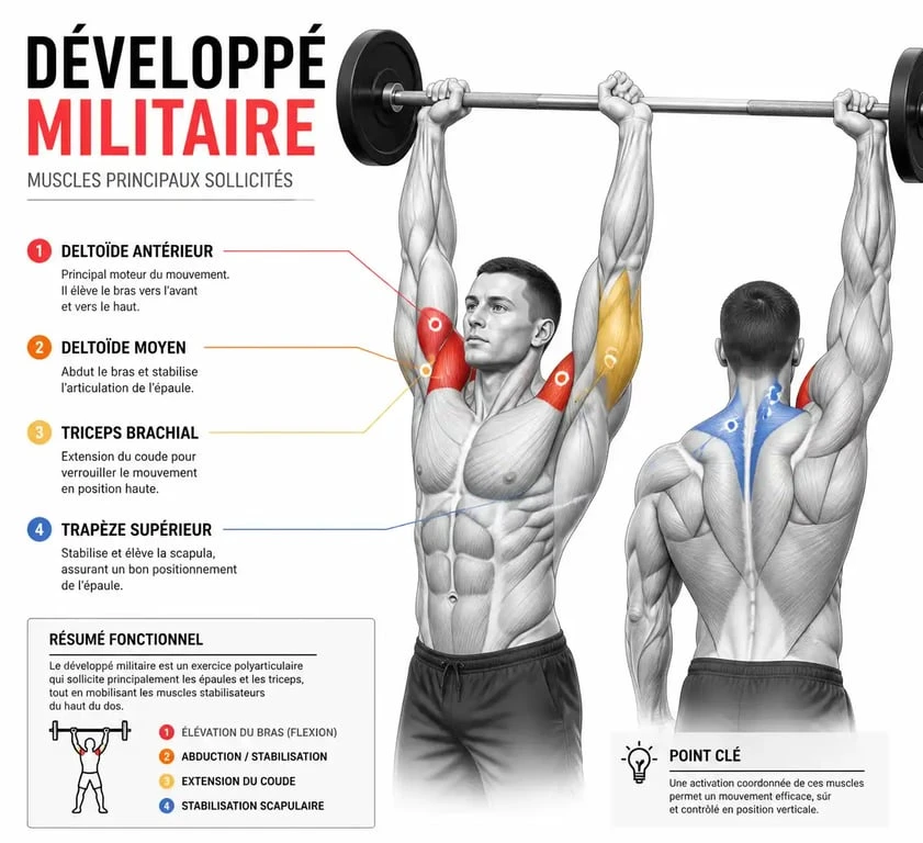 Schéma des muscles sollicités lors du développé militaire
