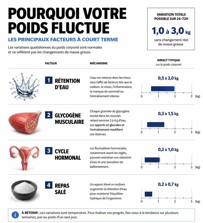 Infographie expliquant les causes des variations de poids lors de la pesée quotidienne