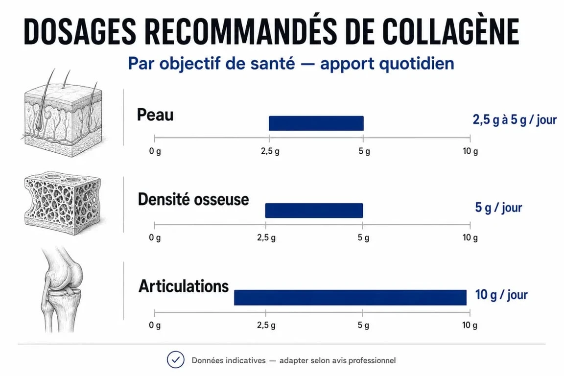 Infographie des dosages recommandés de collagène par jour selon les objectifs de santé : peau, articulations et os.