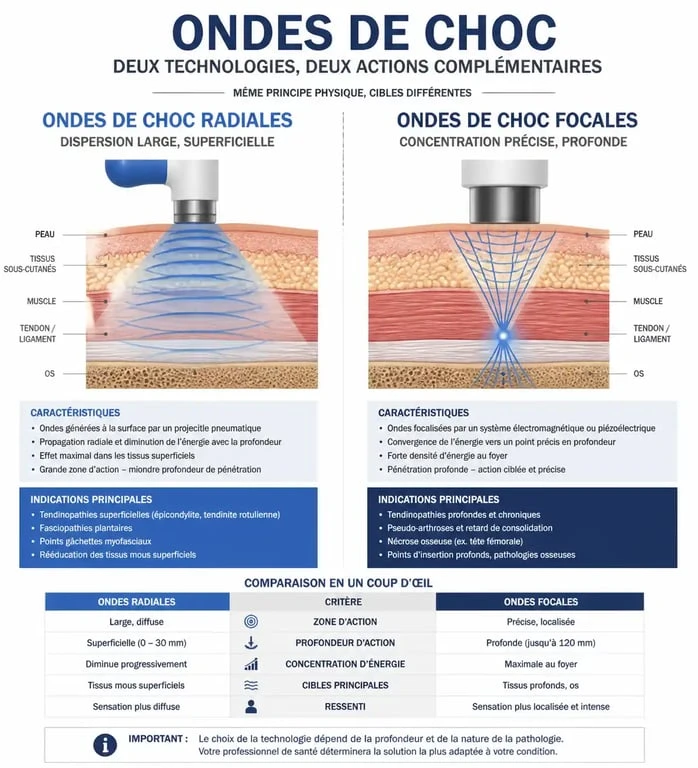 Schéma comparatif des ondes de choc radiales et focales pour la shockwave therapy