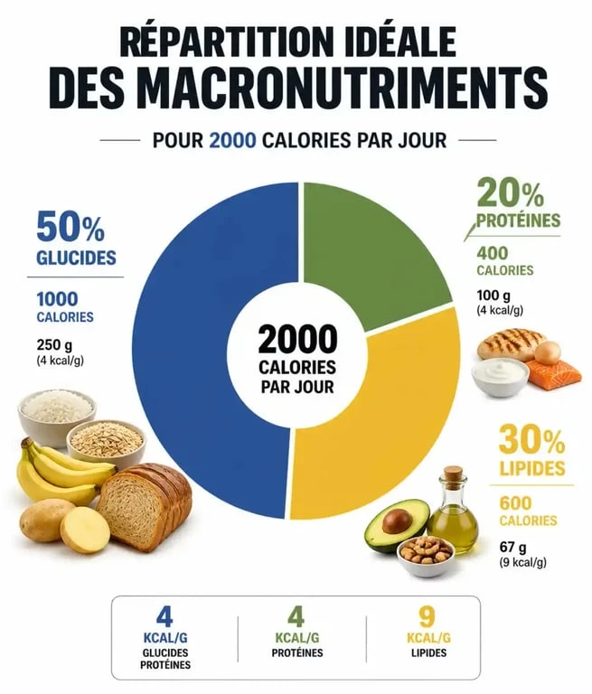 Infographie de la répartition des macronutriments pour un régime de 2000 calories par jour