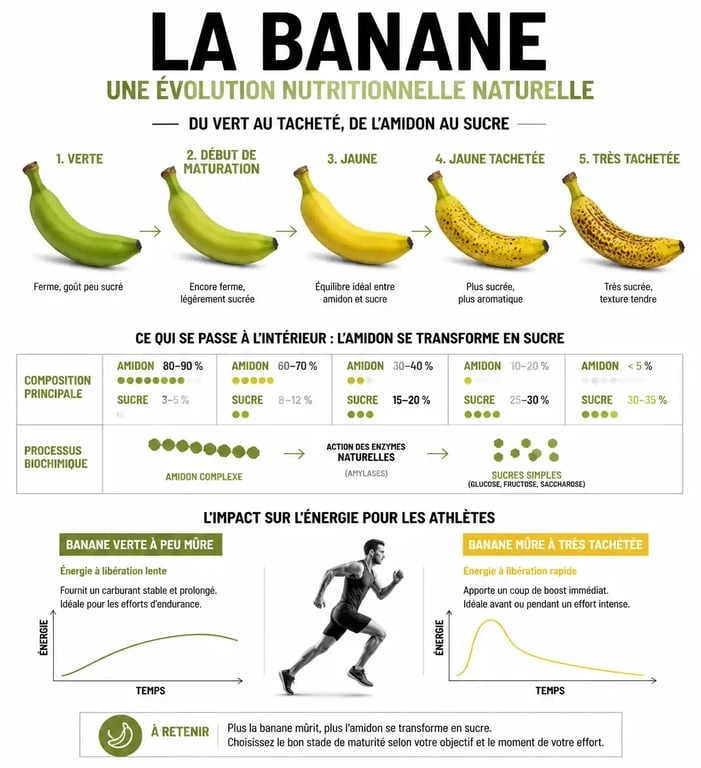 Infographie sur les bienfaits de la banane avant le sport selon sa maturité