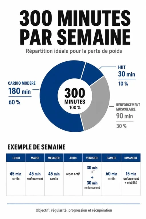 Infographie du programme sportif pour maigrir par le sport : répartition hebdomadaire des exercices