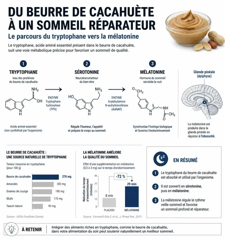 Infographie sur les bienfaits du beurre de cacahuète le soir pour le sommeil et la mélatonine