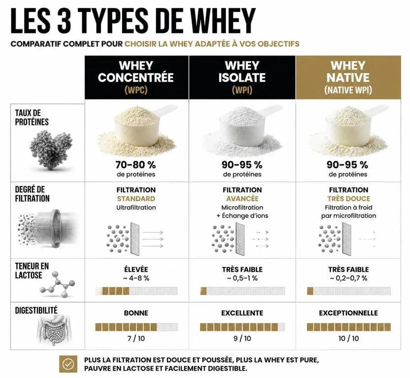 Infographie comparative des types de whey : concentrée, isolate et native pour choisir sa protéine.