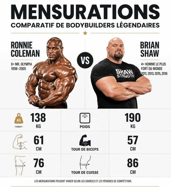 Comparatif des mensurations de l'homme le plus musclé au monde et des légendes du bodybuilding