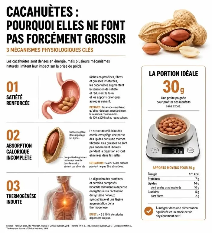 Infographie sur les bienfaits nutritionnels et l'impact des cacahuètes sur le poids